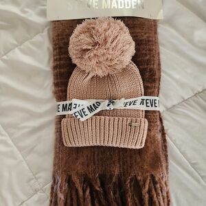 Steve Madden Pink/Brown Beanie and Scarf Set